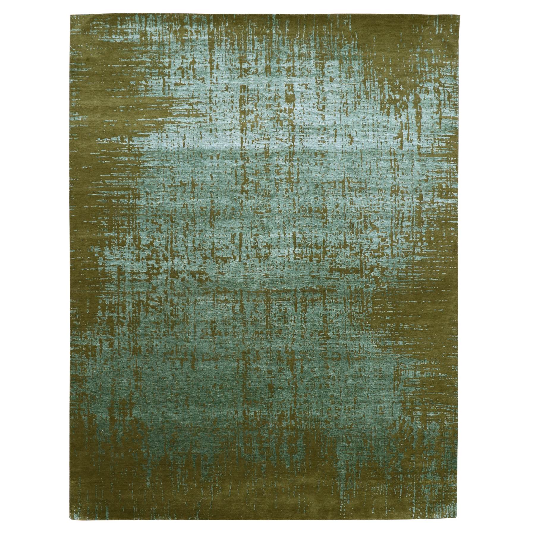 Bistro Green with Brown, Modern Design, Saturated Tone on Tone, Half Wool and Half Silk, Hand Knotted, Soft to the Touch, Oriental Rug